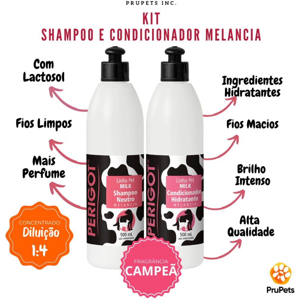 Shampoo para cachorro Kit Pet com Condicionador Melancia 500ml Perigot Cães e Gatos