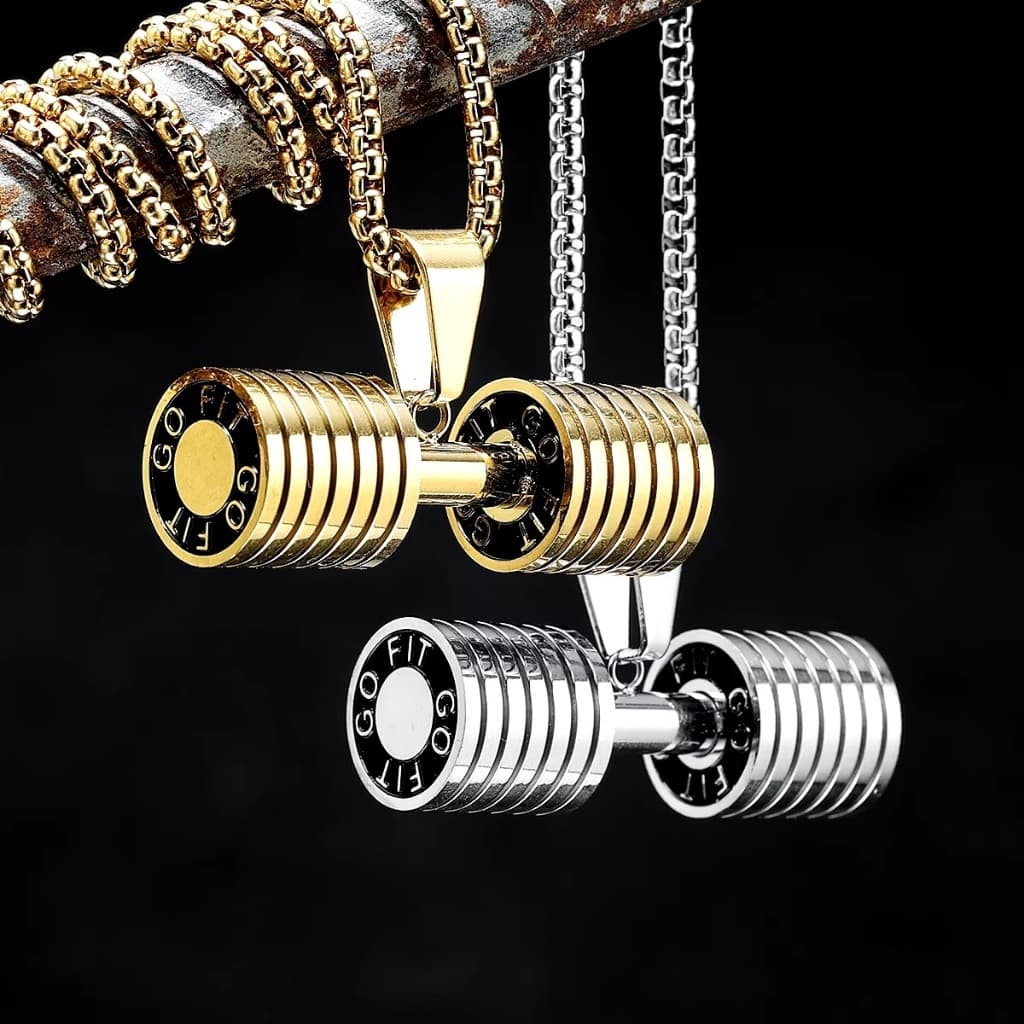 Colar Cordão Fitness Haltere  Dourado Corrente Pingente Halter Peso Academia Musculação Maromba