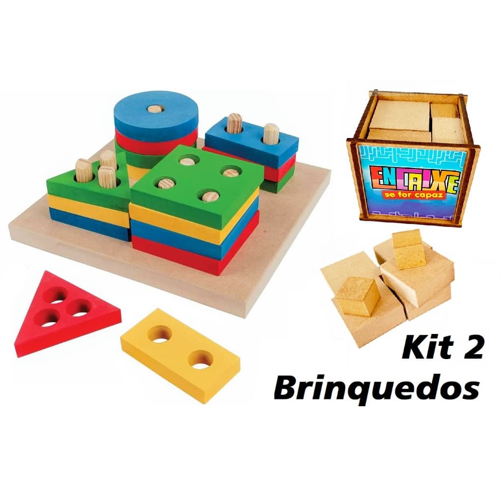 Kit 2 Brinquedos FORMAS GEOMÉTRICAS em EVA + ENCAIXE SE FOR CAPAZ em Madeira - Brinquedo Educativo