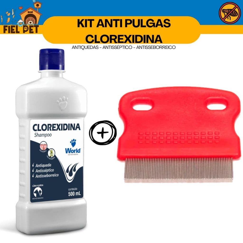 Kit Shampoo para Cachorro Clorexidina World + Pente Anti Pulgas Carrapatos Pet Cães e Gatos