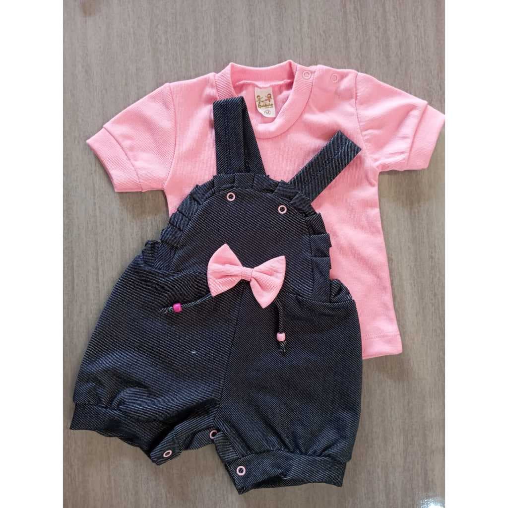 Conjunto Menina Bebê Jardineira Sarja Babado Camiseta Verão Rosa Laço