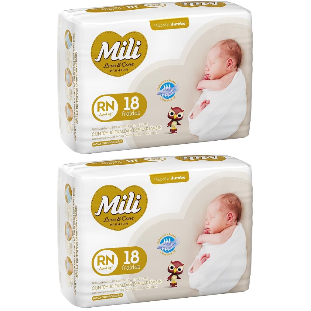 Kit 2ptes Fralda Mili Love & Care RN 18un cada até 4 kg - Total 36un