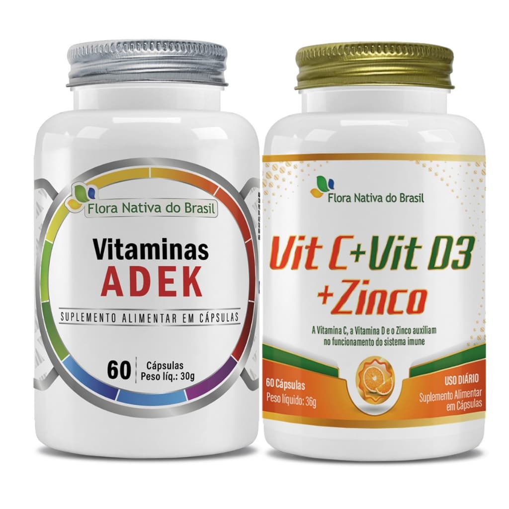 Kit Complexo Vitaminas A D E K  60 Caps Flora Nativa + Vitaminas C, Vit D Zinco 60caps