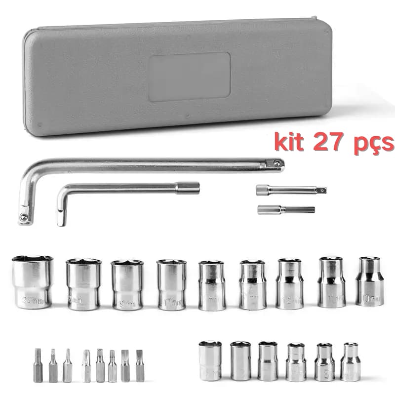 Kit Jogo Caixa De Ferramentas chave Soquetes 27 Pçs Aço Cromo Vanádio Completo Titanium