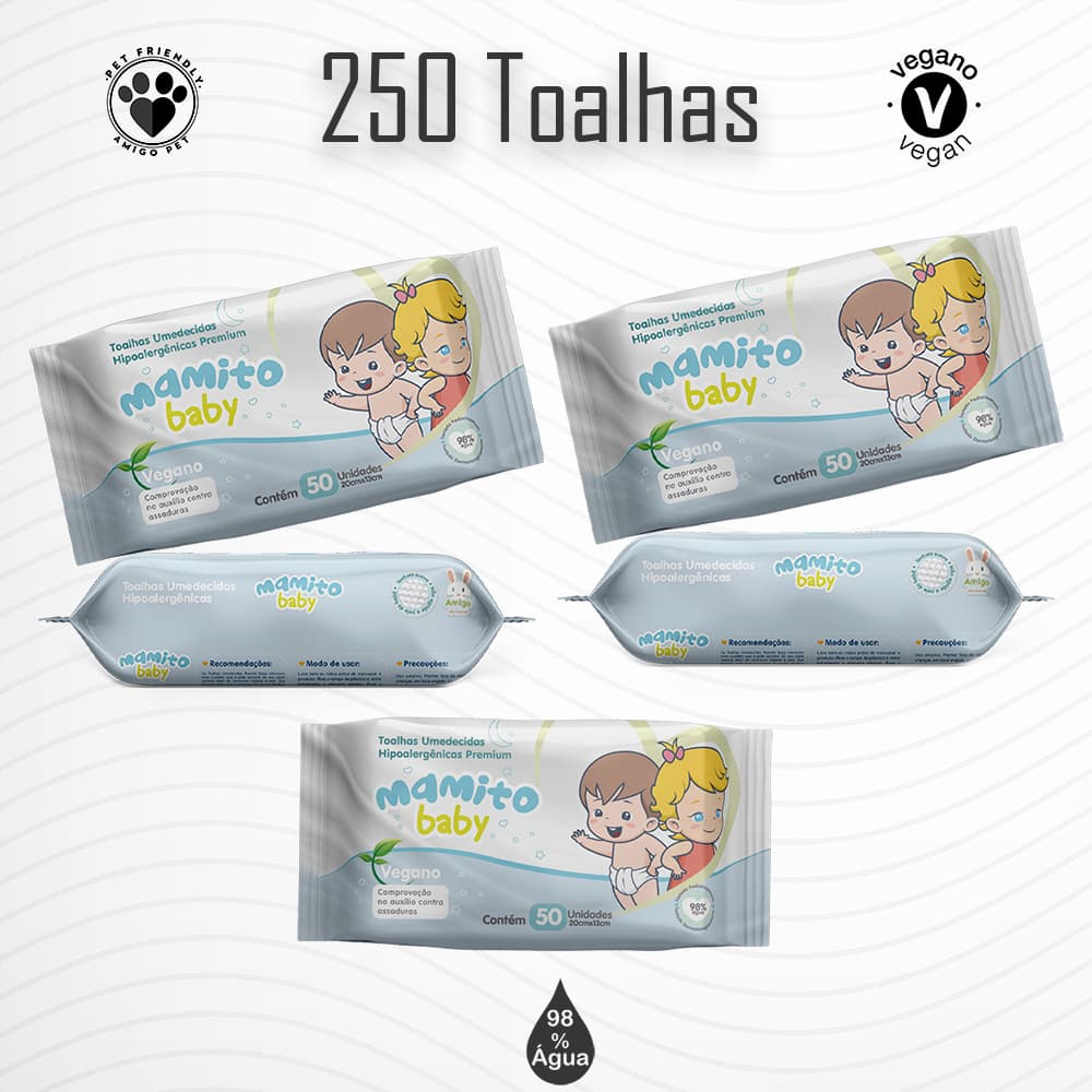 Lenços Umedecidos 50 Folhas Mamito Baby PACK 05 Pacotes 98% Água Toalhas Umedecidas