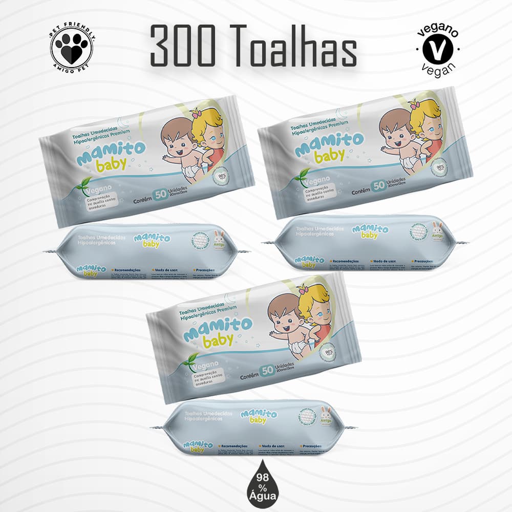 Kit com 06 Toalhas Umedecidas Mamito Baby 50 folhas - 20x13 cm - Vegano - 98% Água