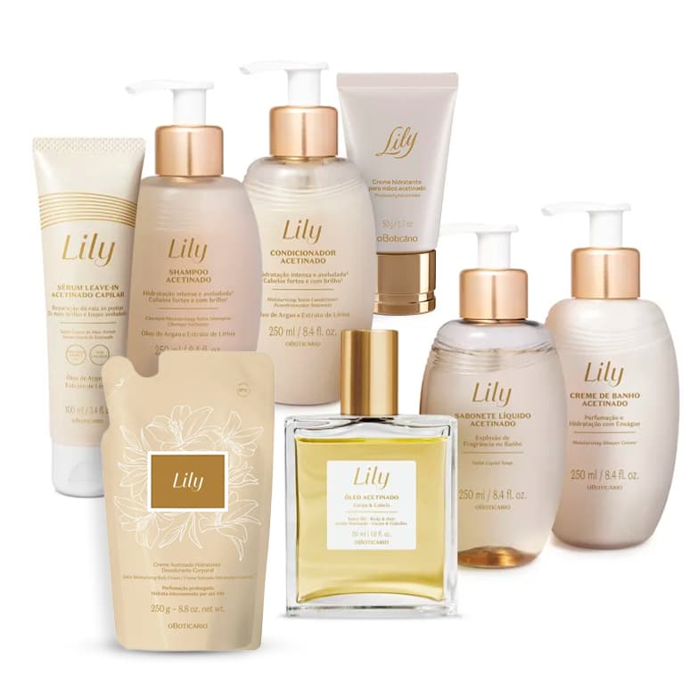 Lily oBoticário: Shampoo, Condicionador, Leave-in, Refil Hidratante, Creme, Sabonete