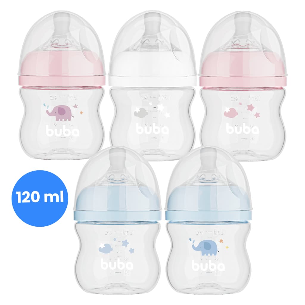 Mamadeira Buba Easy Flow Anticólica 120ml RN Branca Rosa Azul 0+ Bico Em Silicone Ultrasoft Fluxo 1