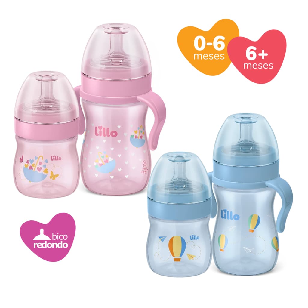 Kit Mamadeiras Bebe Lillo Evolution Bico Redondo Silicone Tampa Antivazamento 150/240 mL +0 Meses