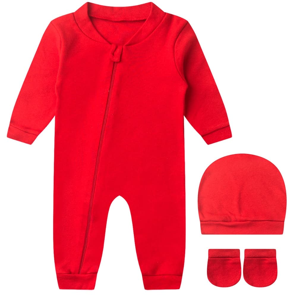 Kit Bebê (3 Peças) Macacão, Touca e Luva Suedine Vermelho Enxoval Unissex (RN/P)