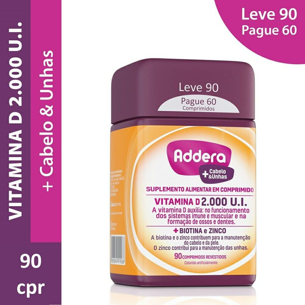 Suplemento Alimentar Addera + Cabelos e Unhas Vitamina D 2.000Ui 90 Comprimidos