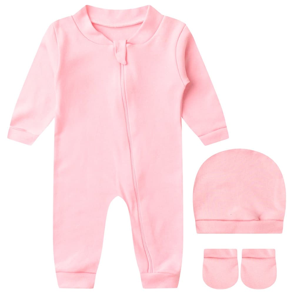 Kit Bebê (3 Peças) Macacão, Touca e Luva Suedine Rosa Enxoval Unissex (RN/P)