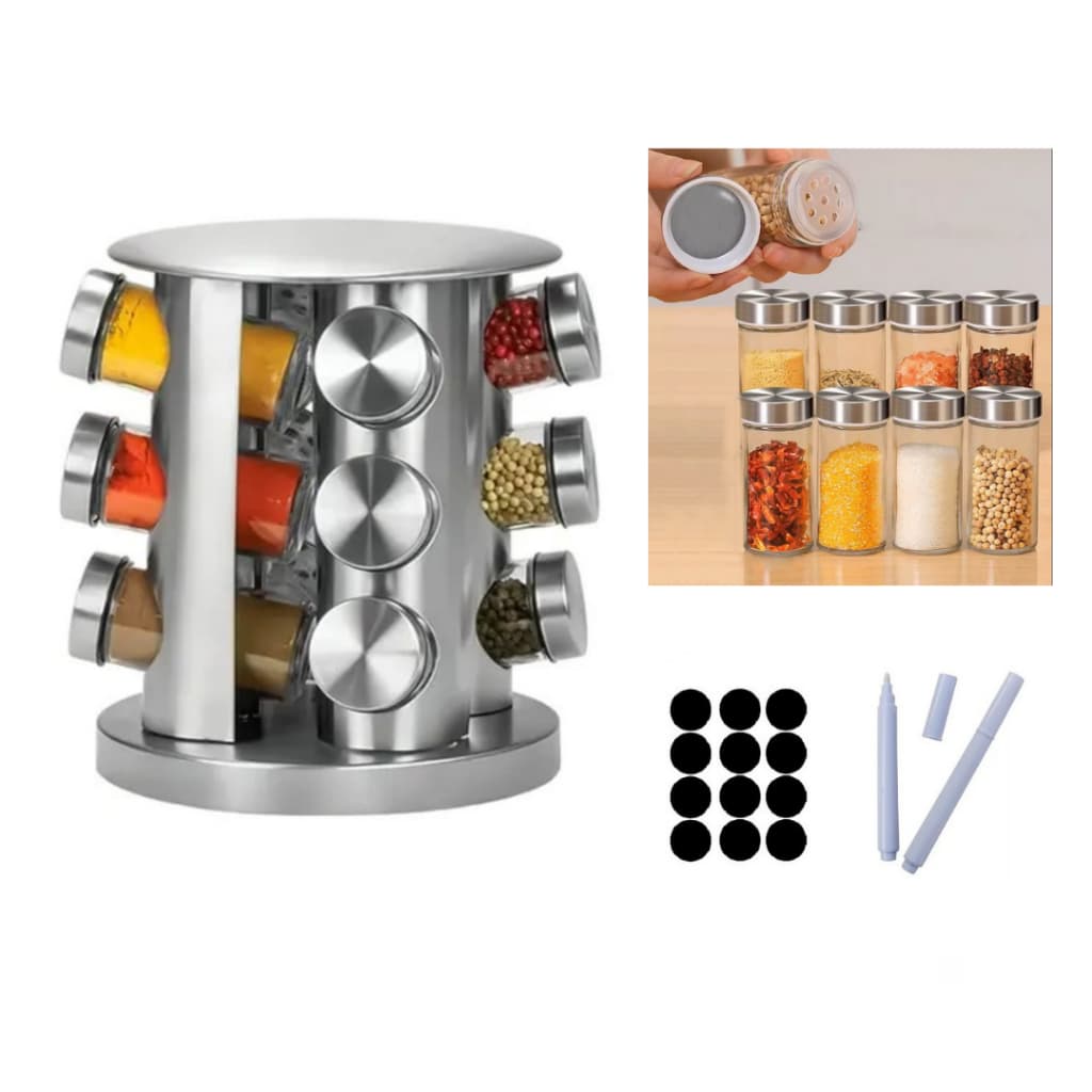 Porta Tempero Condimentos Giratório com 12 potes em vidro Caneta e Adesivos - Cozinha - WING