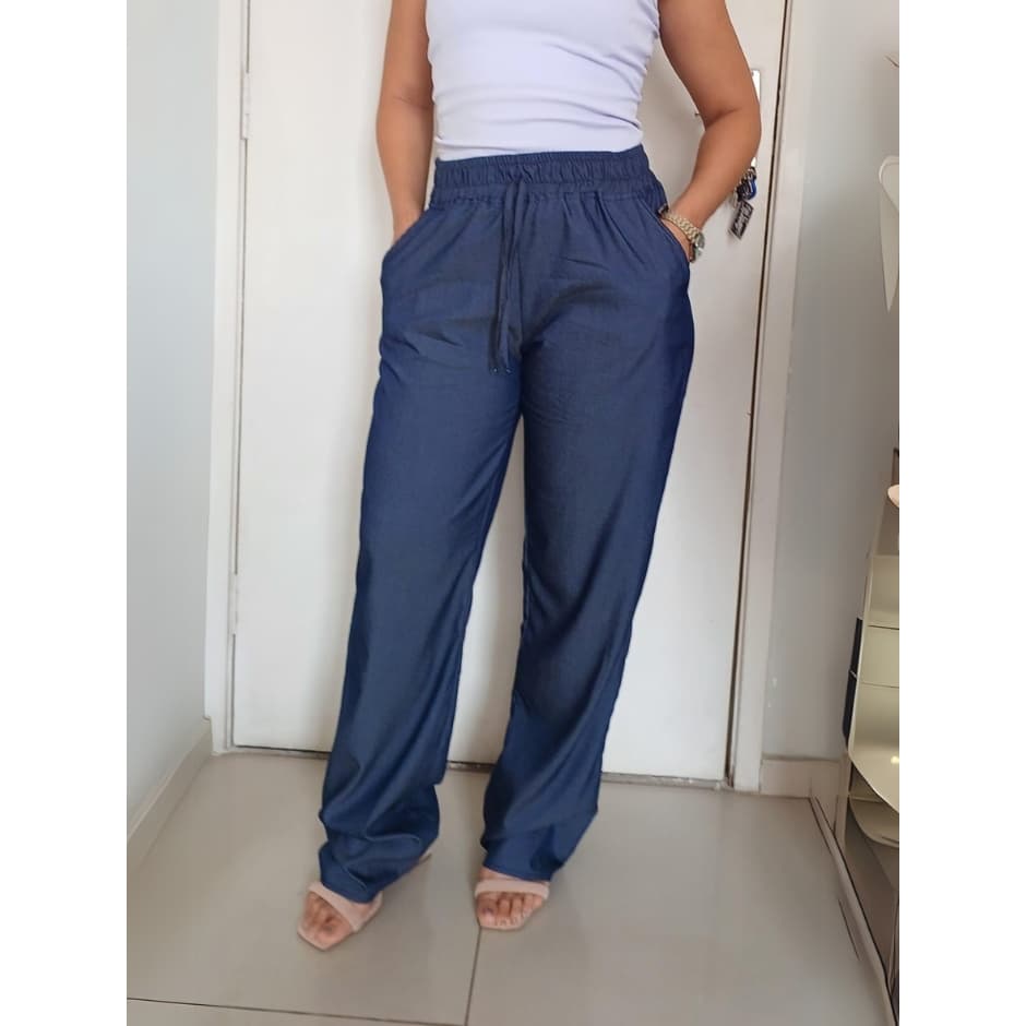 Calça Reta de chambray LISO  Feminina Elastico na Cintura com Bolso M G GG G1