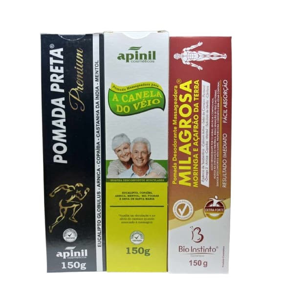 Kit 3 Pomadas Milagrosa, Pomada Preta e  Canela do Véio 150g Apinil