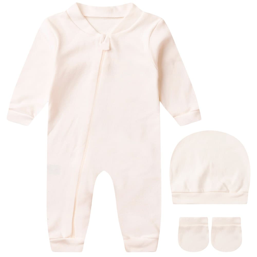 Kit Bebê (3 Peças) Macacão Com Zíper, Touca e Luva Suedine Mescla Enxoval Off White Unissex (RN/P)