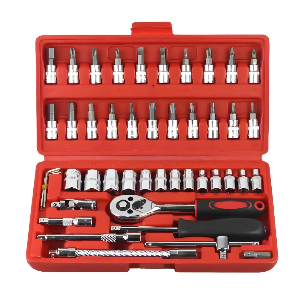 Jogo Chave Soquetes Kit 46 Peças Com Catraca Reversível Kit de Ferramentas + Maleta Completo