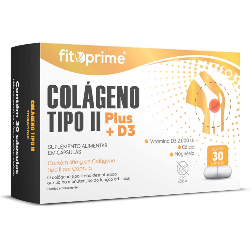 Colágeno Tipo II 40mg Fitoprime com Vitamina D3 e Carbonato de Cálcio Suplemento 30 Cápsulas