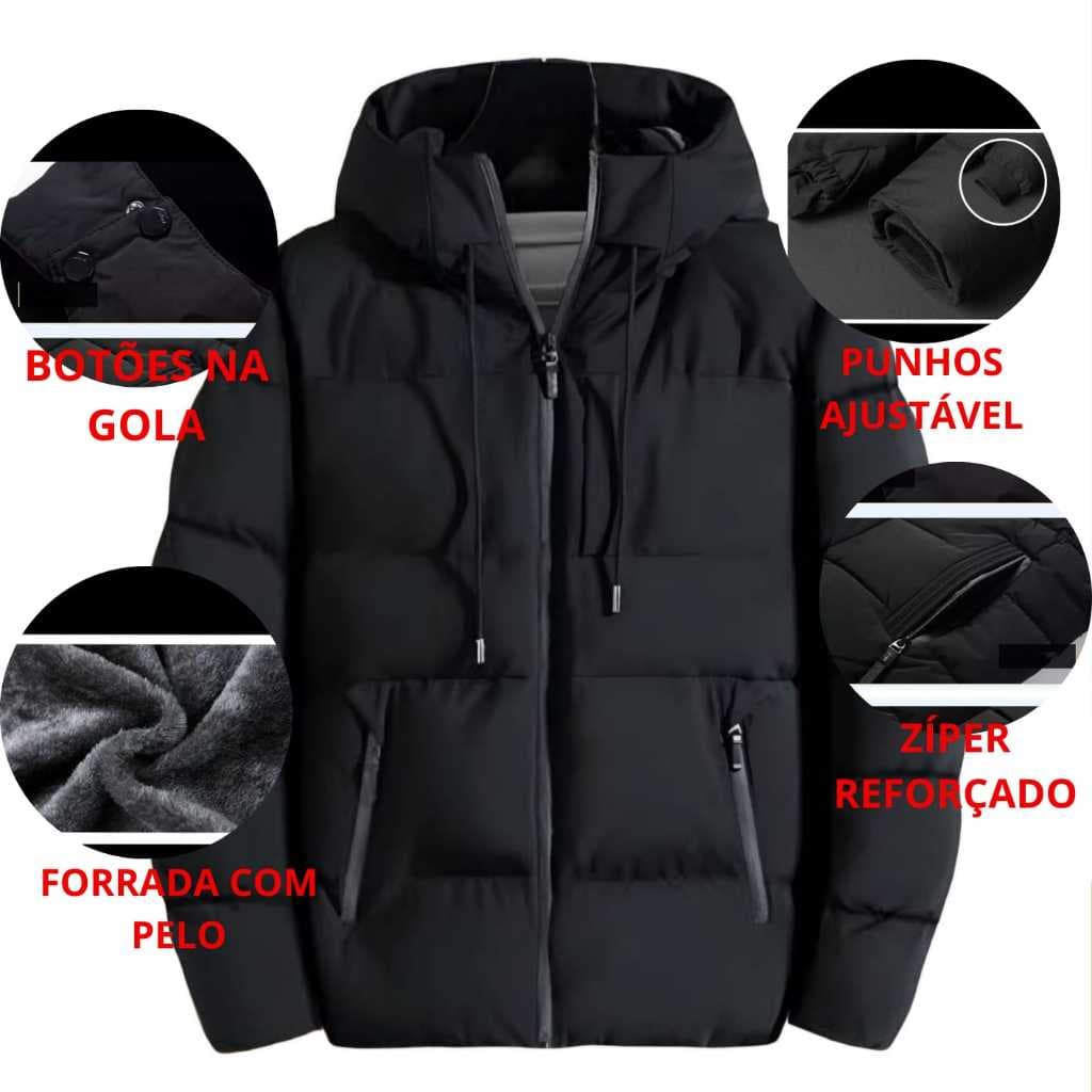 Jaqueta bobojaco masculina Puffer acolchoada com forro pelinho impermiavel cor preta