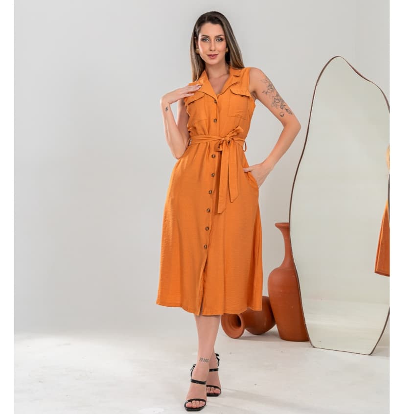 Vestido femininos Longos sem manga vestido Liso Gola Com cinto Botões 1501