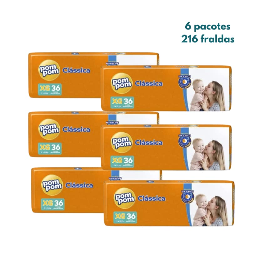 Kit 6 Fralda Pom Pom Clássica Jumbo XG 36 unidades = 216 fraldas
