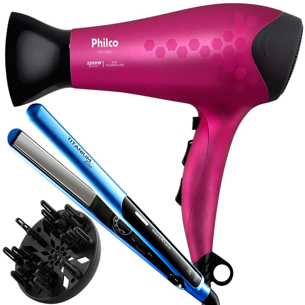 Secador De Cabelo Philco Profissional 2200w Ions Quente Frio Stilo Bivolt Difusor De Cachos Prancha Titanium 220ºc Blue