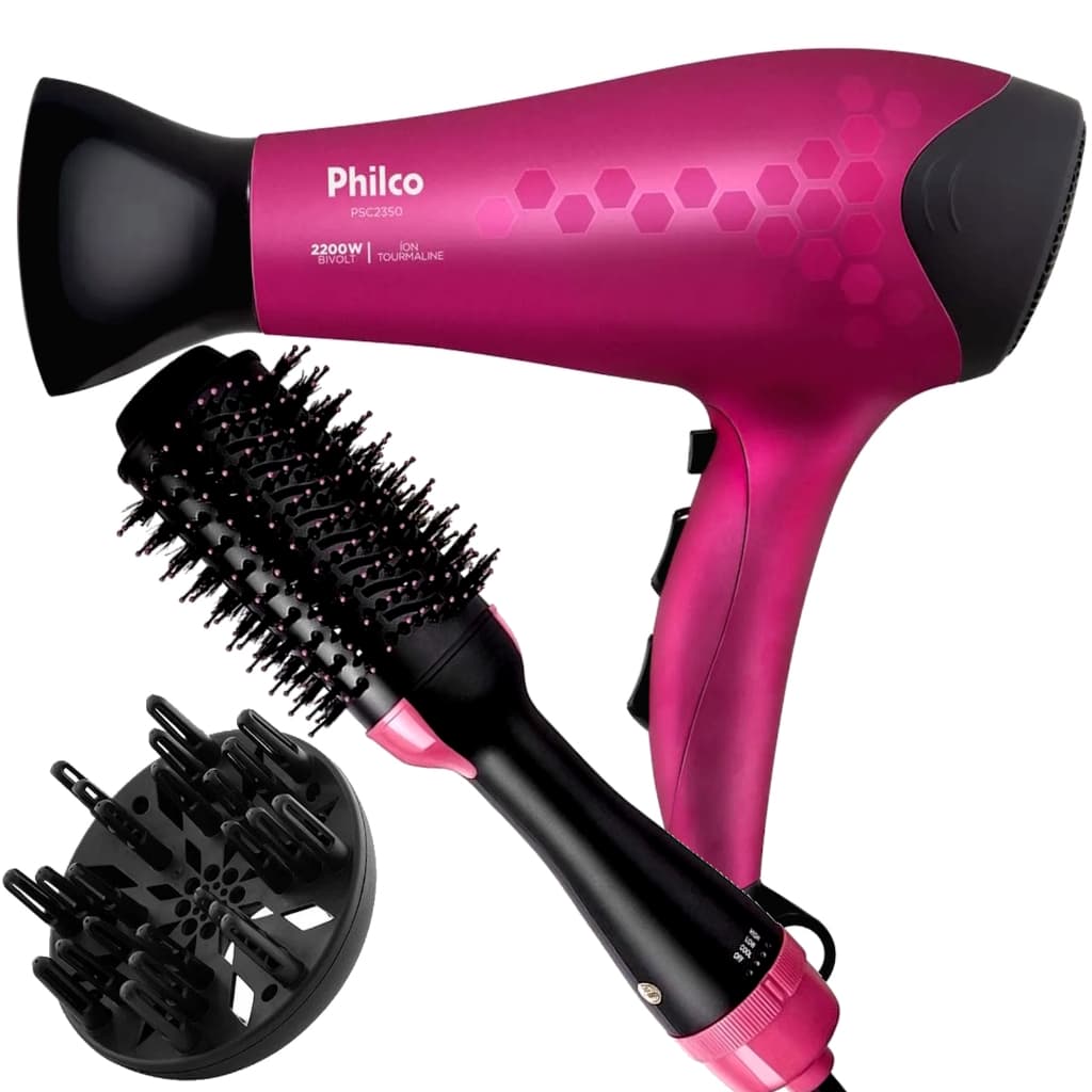 Secador De Cabelo Philco Profissional 2200w Ions Ar Quente Frio Stilo Com Difusor De Cachos Escova City 3 Em 1 Rosa