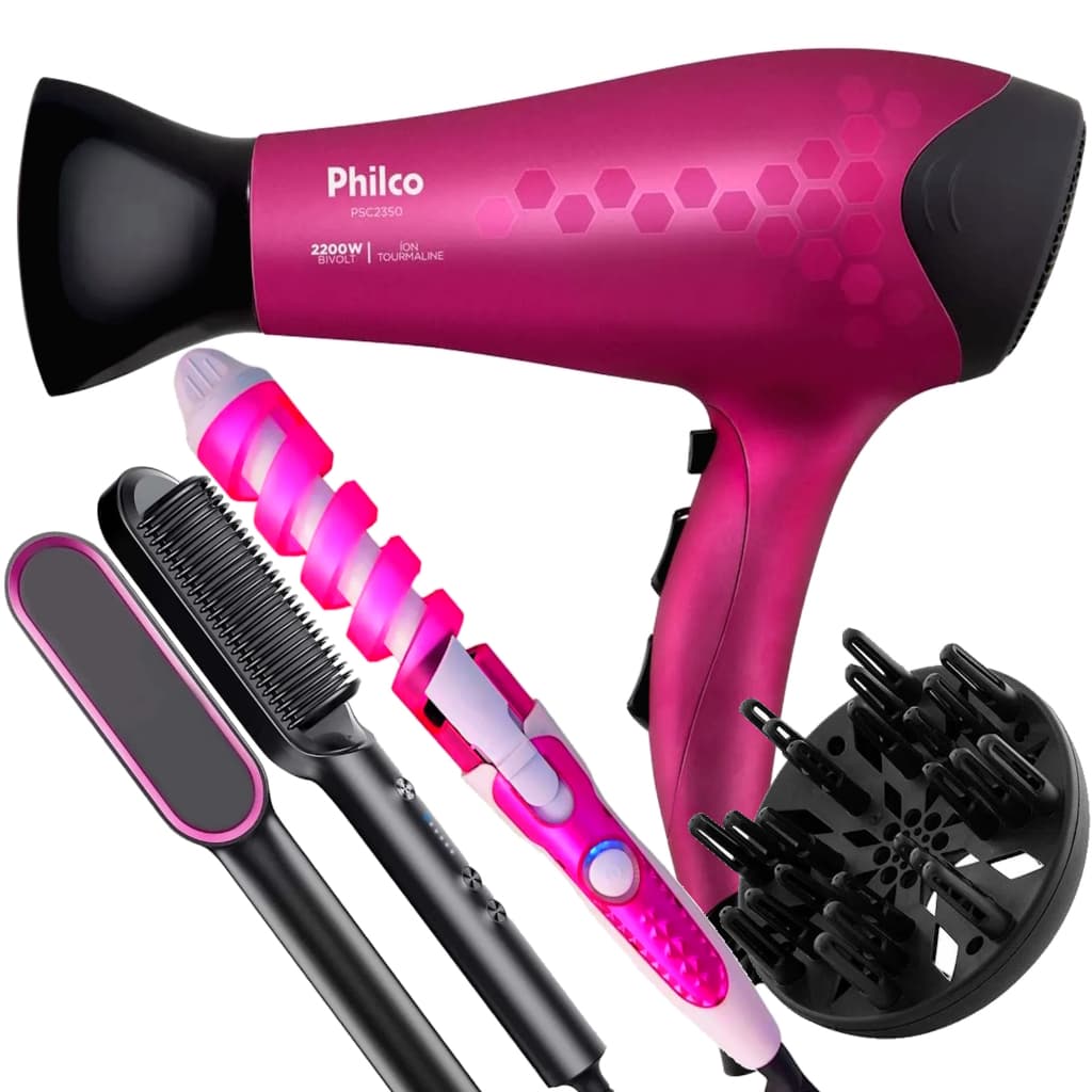 Secador De Cabelo Philco Profissional 2200w Quente Frio Stilo Com Difusor Modelador Cacheador Escova Alisadora Bivolt