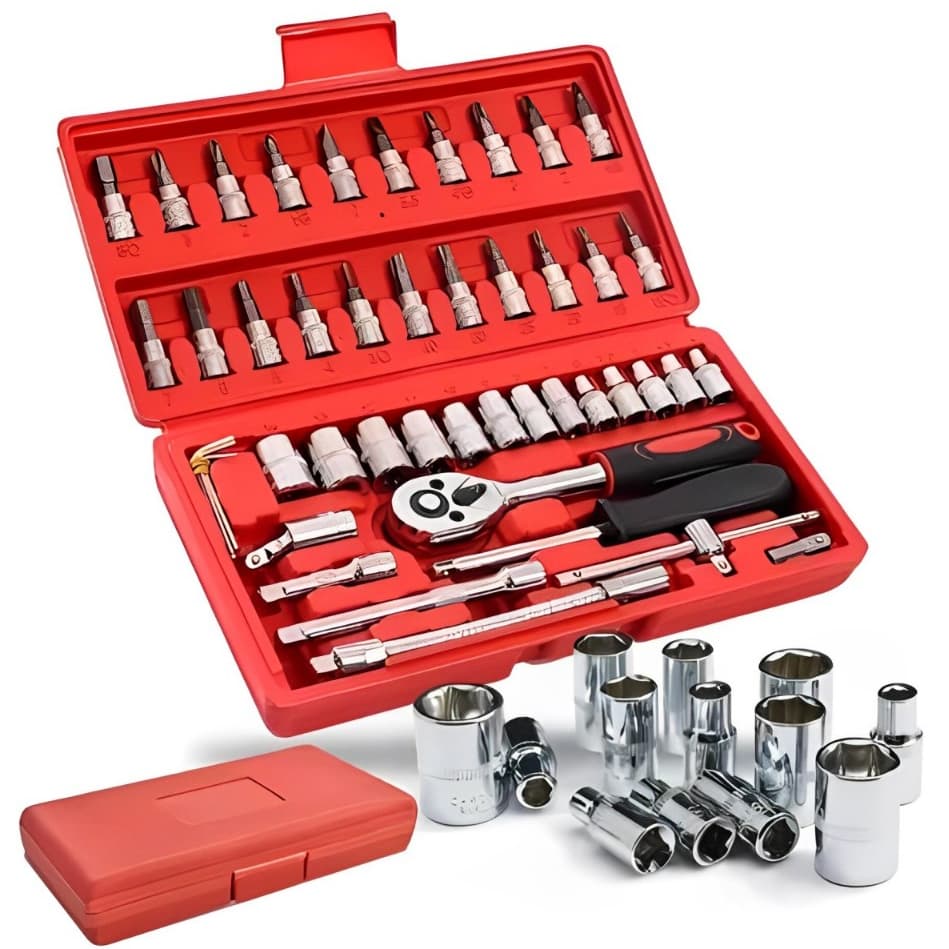 Caixa de Ferramentas 46 Peças Jogo Soquetes Allen Torx Chave Catraca Reversível Kit Completo