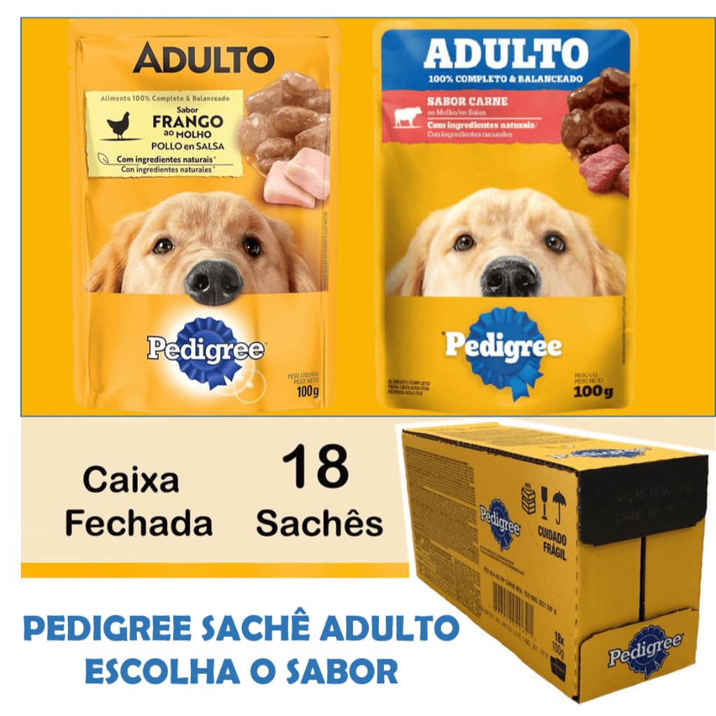 Pack Ração Úmida Pedigree Para Cães Adultos Sachê 100g Caixa 18 Unidades - Escolha o Sabor