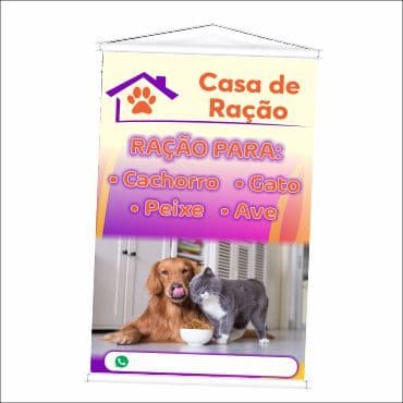 Banner para Casa de Ração produzido em lona. Cartaz Propaganda Vende-se Ração para, Cachorro, Gato, Aves e Peixes.