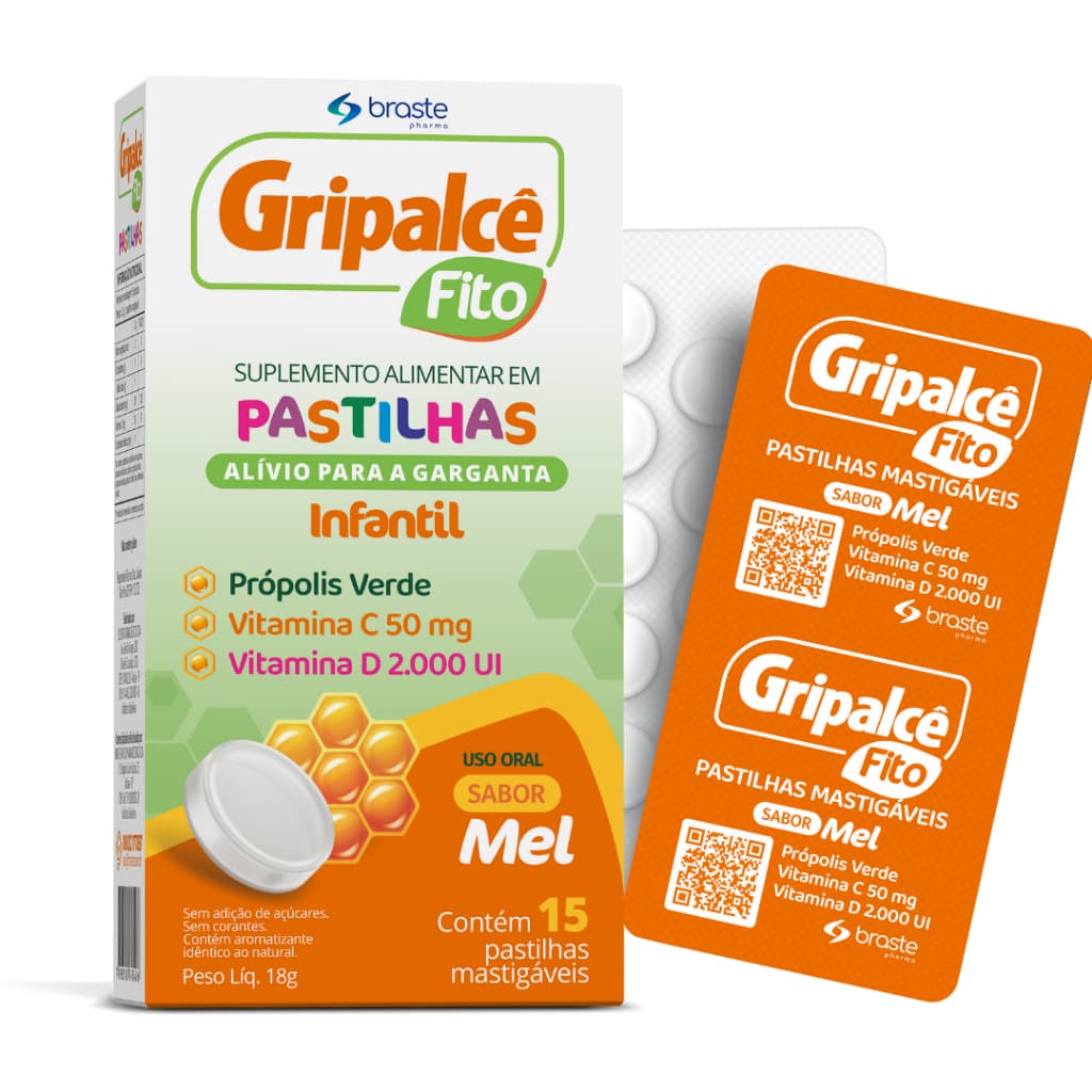 Gripalce Fito Pastilhas Própolis Vitamina C e Vitamina D 2000UI Sabor Mel Gripalcê Fito Suplemento Alimentar Infantil