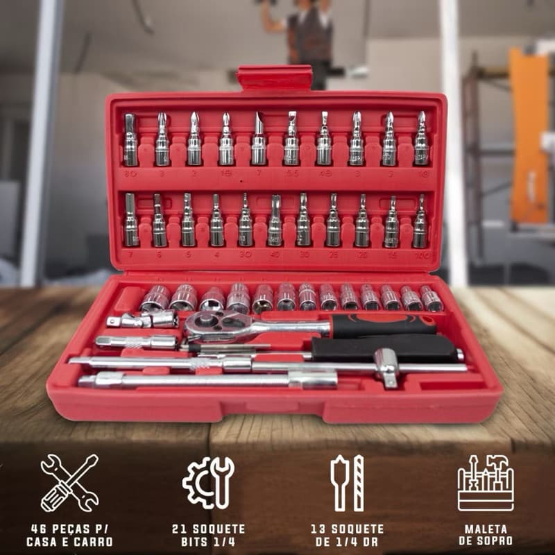 Kit De Ferramentas 46 Peças Chave Catraca Reversível Jogo de Soquetes com Maleta