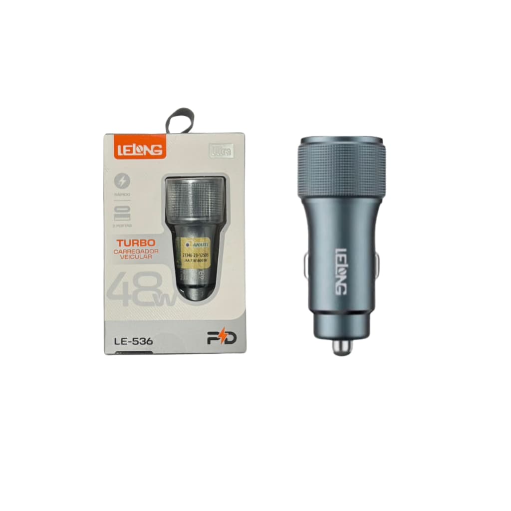 Carregador Veicular Turbo 48W Ultra Rápida 2 Portas USB Tipo C LELONG