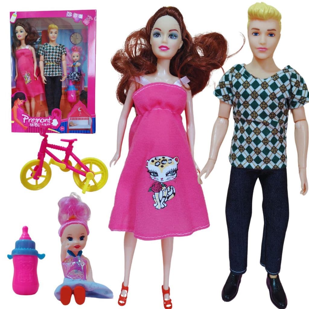 Brinquedo Infantil Boneca Grávida com Bebê na Barriga + Boneco Articulado + Bonequinha e Acessórios