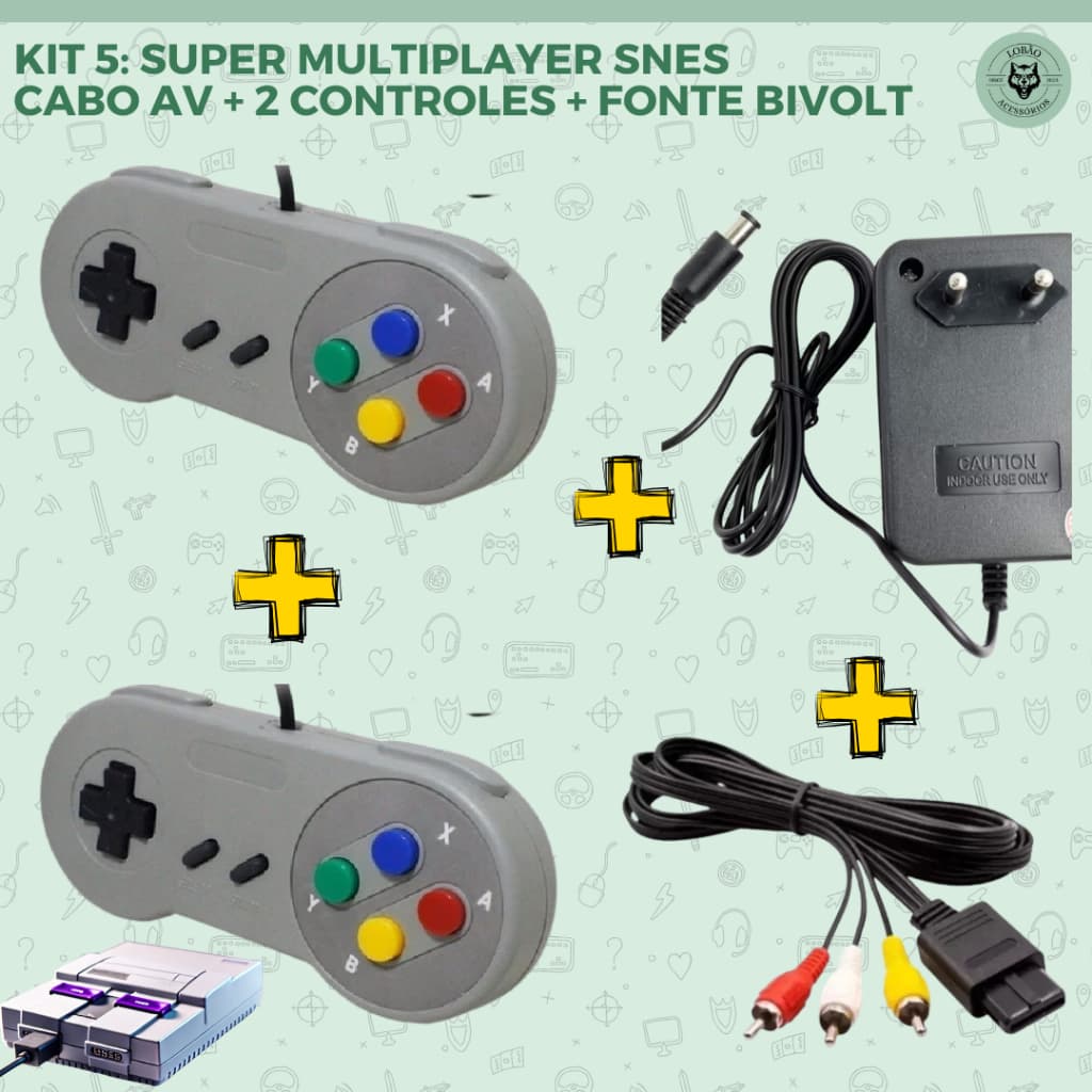Kit para Super Nintendo (SNES) - Controle - Cabo de Video AV - Fonte Bivolt