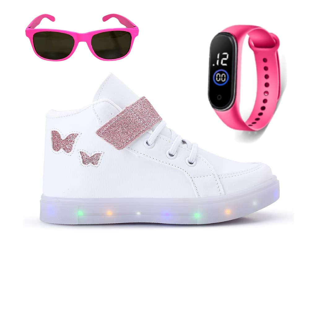 Kit Tenis Feminino Infantil Botinha Borboleta De Led Meninas Cano Alto+Óculos+ Relógio, Confortável