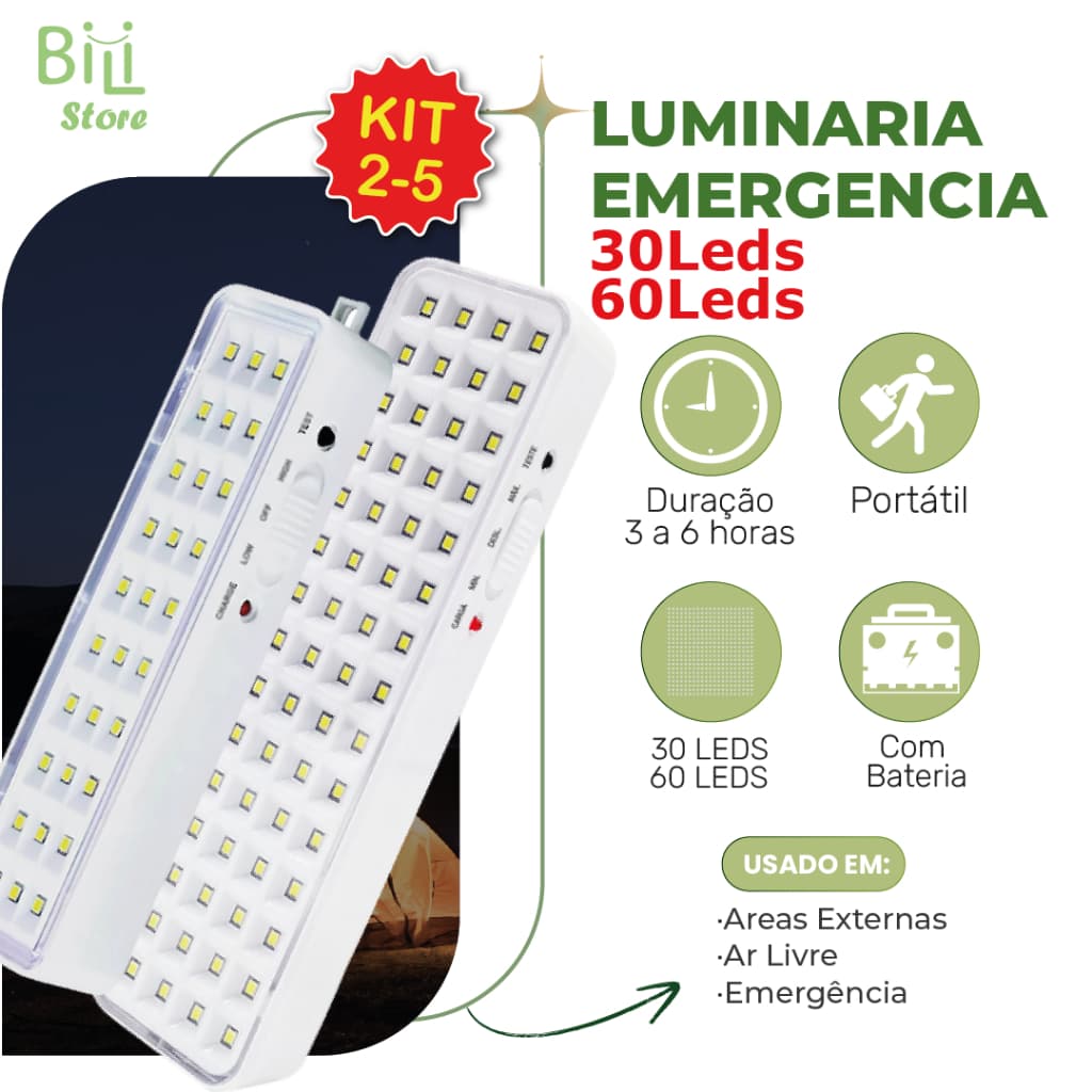 2-8 Luminária Emergência Lâmpada 30 ou 60 Leds Recarregável Bivolt Luz Branca