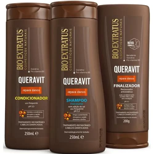 Kit Tratamento Instantaneo Bio Extratus Queravit Shampoo Hidratante 250ml, Condicionador e Finalizador 200g