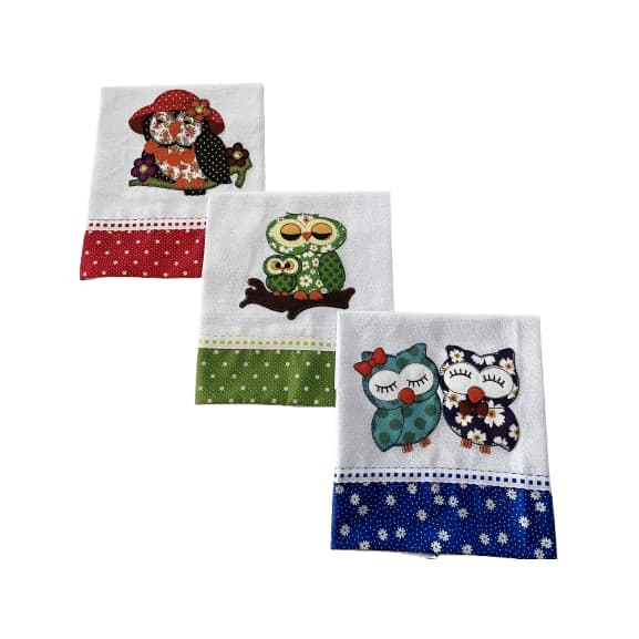 Pano de prato patchwork bordado - 3 unidades - tecido 100% algodão - lindos bordados pano de copa