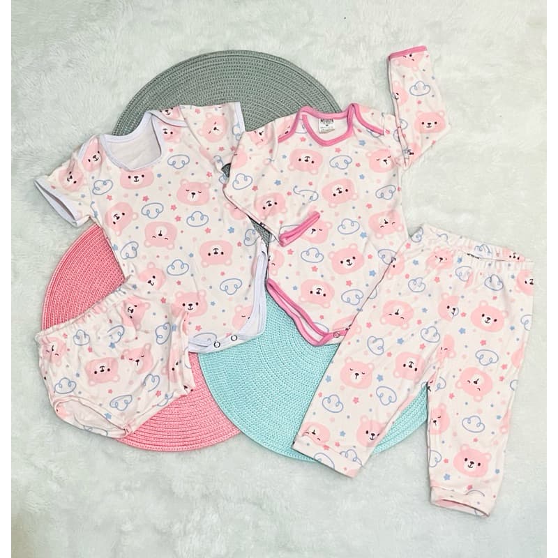 Conjunto menina body manga longa + calça body e tapa fralda verão com a estampa do ursinho rosa bebe.