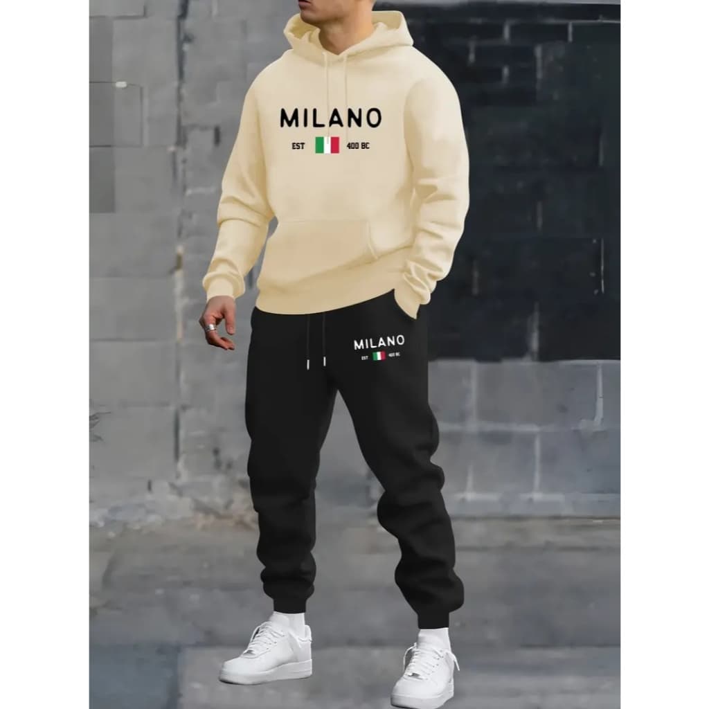 Conjunto Moletom Masculino Calça + Blusa Flanelado Estampa Milano Bandeira Italia Moleton Blusa Gorro + Calça