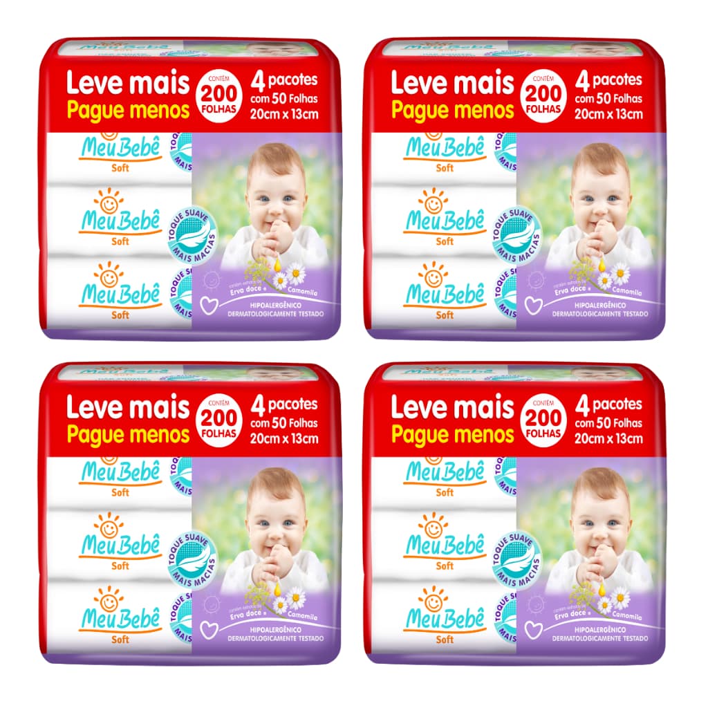 Toalha Umedecida Meu Bebê Soft 800 Folhas - 4 Packs de 200 Folhas - (16undX50fls)