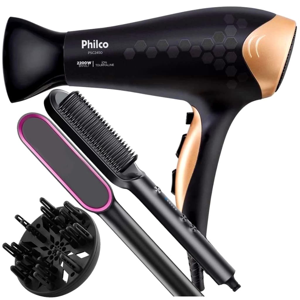 Secador De Cabelo Philco Profissional Ions 2200w Quente Frio Stilus Bivolt Difusor De Cachos Escova Alisadora 2 em 1 Hq