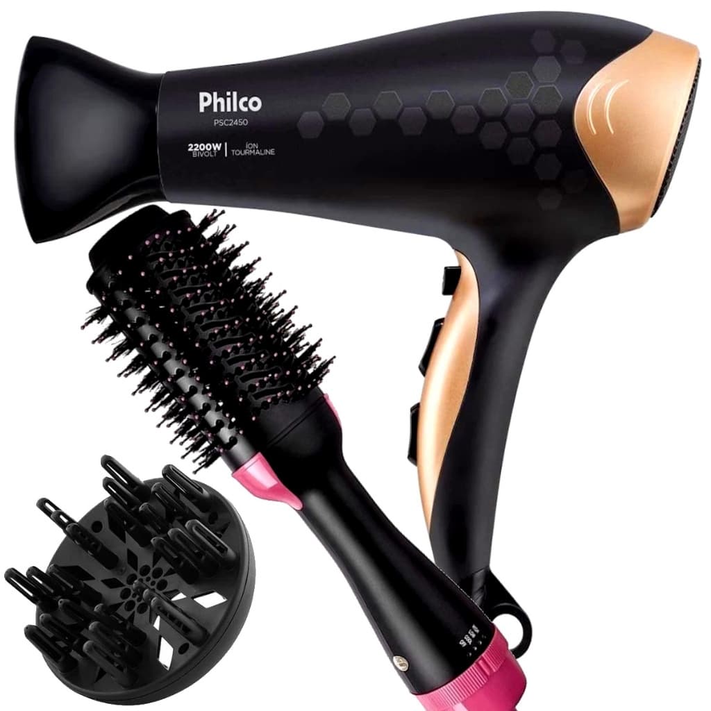 Secador De Cabelo Philco Profissional Ions 2200w Quente Frio Stilus Difusor Cachos Escova Alisadora 4 em 1 City