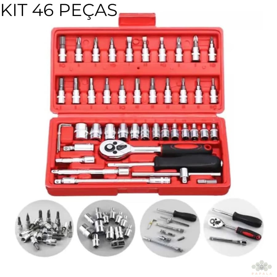 Kit De Ferramentas com 46 Peças Jogo De Soquetes Chave Catraca Reversível Com Maleta Completo