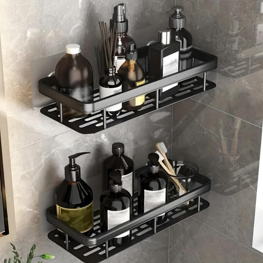 Kit 2 Prateleira De Banheiro Retangular Suporte Shampooe Organizador Aluminio Adesivo Sem Fura Parede