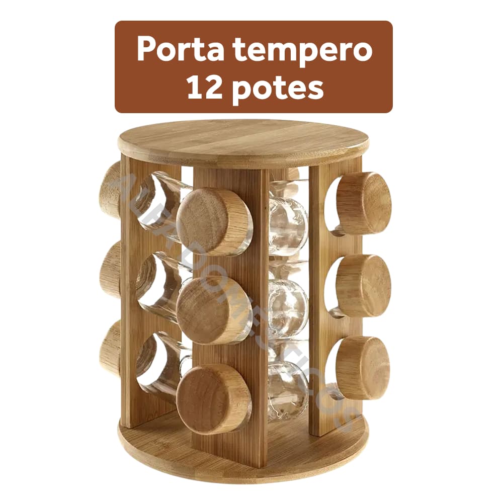 Porta Tempero em Bambu Giratório 12 Potes Condimentos Bambu luxo