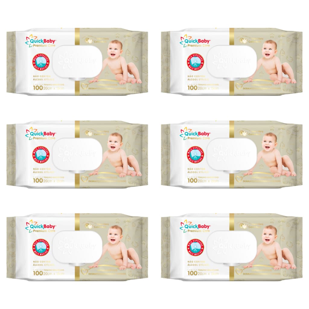 KIT 6 TOALHAS UMEDECIDAS QUICK BABY PREMIUM CARE 600 FOLHAS