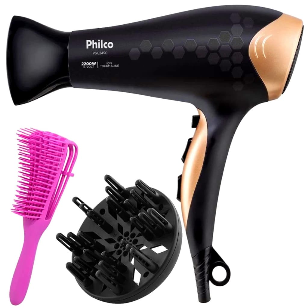 Secador De Cabelo Philco Profissional Tourmaline Ions 2200w Quente Frio Stilus Bivolt Com Difusor De Cachos Escova Polvo